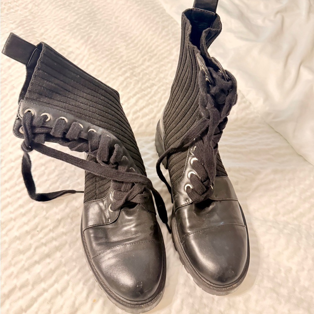 Black Lace-Up Knit Ankle Boots